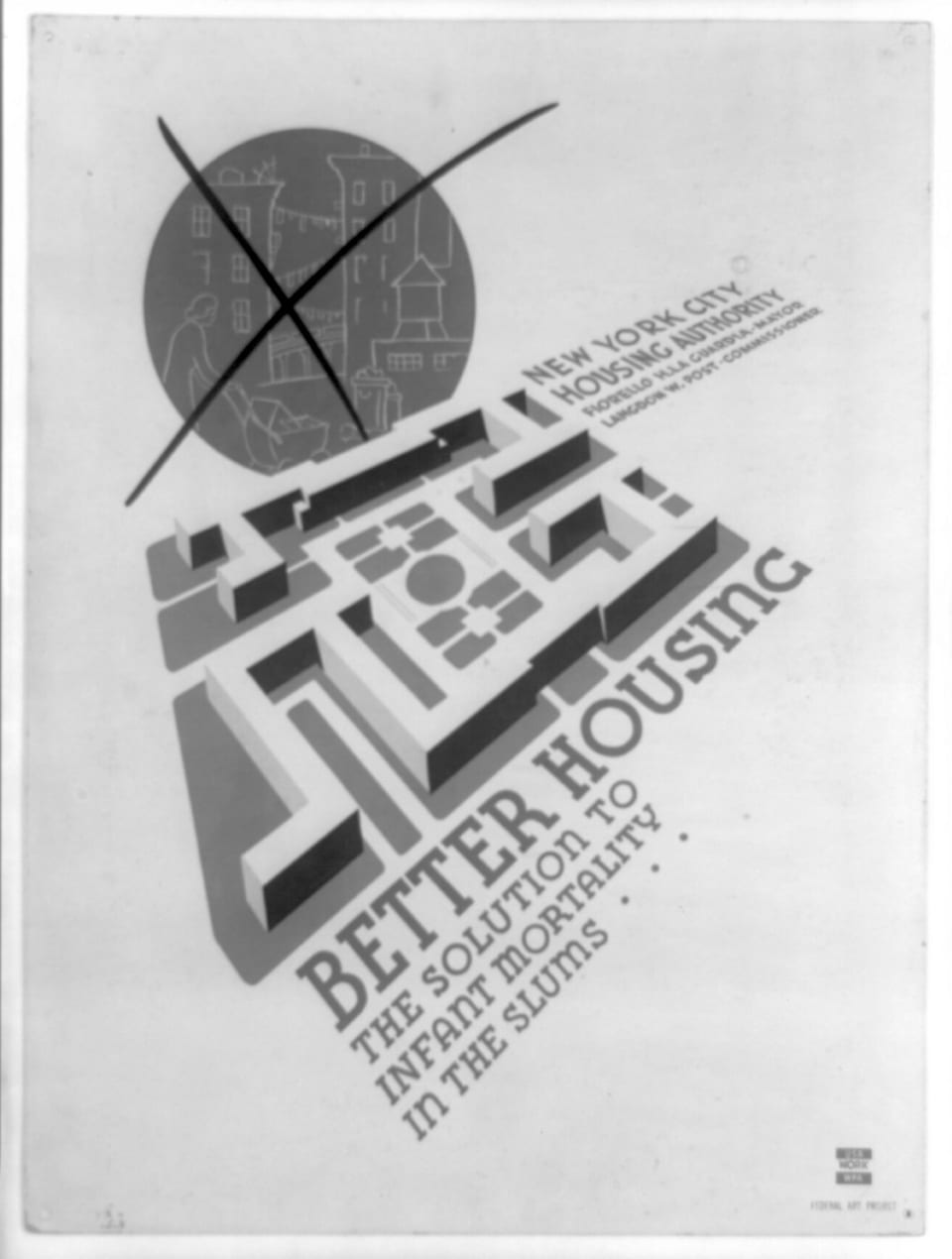 Sitodrukowy plakat: planowane osiedle domów na tle przekreślonego cmentarnego krzyża, napis Better housing.